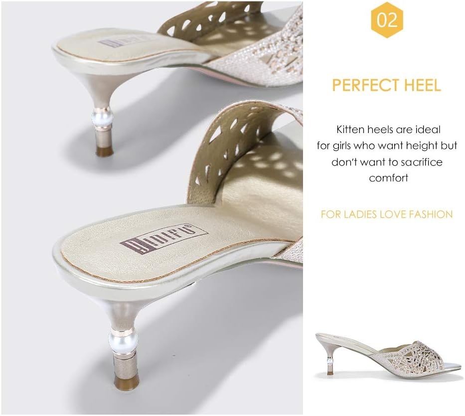 image:imageIDIFU Womens Silver Gold Wedding Shoes For Bride Bridesmaid Low Kitten Peep Toe Heels Dress Sandals Glitter Formal Slide Mules With HeelGold