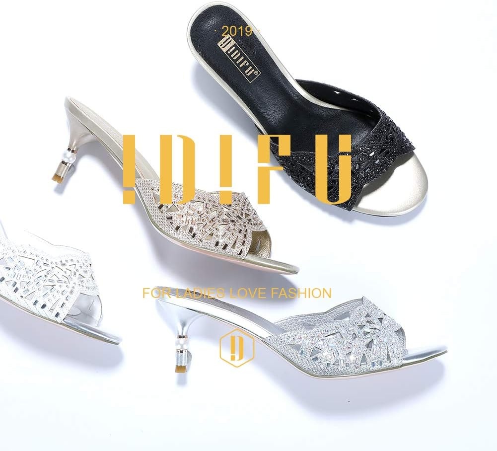 image:imageIDIFU Womens Silver Gold Wedding Shoes For Bride Bridesmaid Low Kitten Peep Toe Heels Dress Sandals Glitter Formal Slide Mules With HeelGold