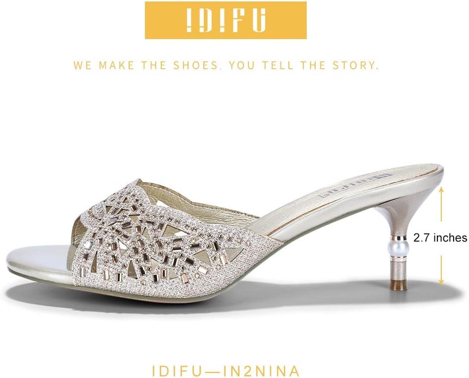 image:imageIDIFU Womens Silver Gold Wedding Shoes For Bride Bridesmaid Low Kitten Peep Toe Heels Dress Sandals Glitter Formal Slide Mules With HeelGold