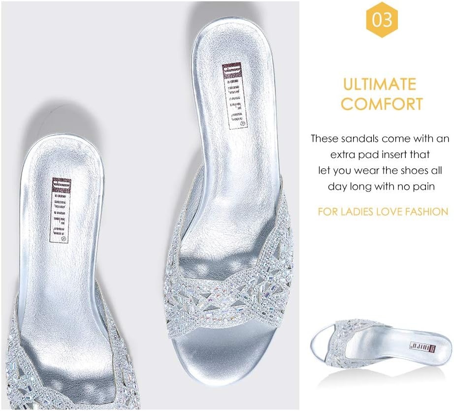 image:imageIDIFU Womens Silver Gold Wedding Shoes For Bride Bridesmaid Low Kitten Peep Toe Heels Dress Sandals Glitter Formal Slide Mules With HeelSilver