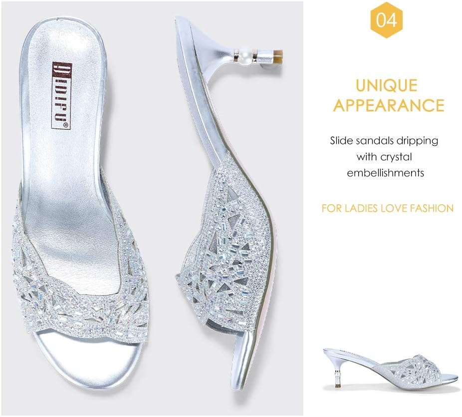 image:imageIDIFU Womens Silver Gold Wedding Shoes For Bride Bridesmaid Low Kitten Peep Toe Heels Dress Sandals Glitter Formal Slide Mules With HeelSilver