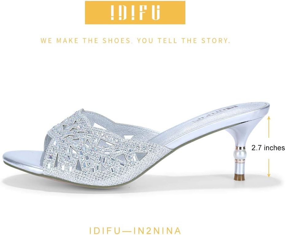 image:imageIDIFU Womens Silver Gold Wedding Shoes For Bride Bridesmaid Low Kitten Peep Toe Heels Dress Sandals Glitter Formal Slide Mules With HeelSilver