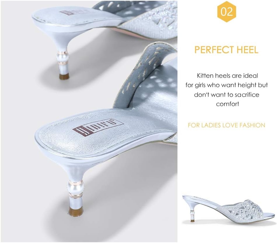 image:imageIDIFU Womens Silver Gold Wedding Shoes For Bride Bridesmaid Low Kitten Peep Toe Heels Dress Sandals Glitter Formal Slide Mules With HeelSilver