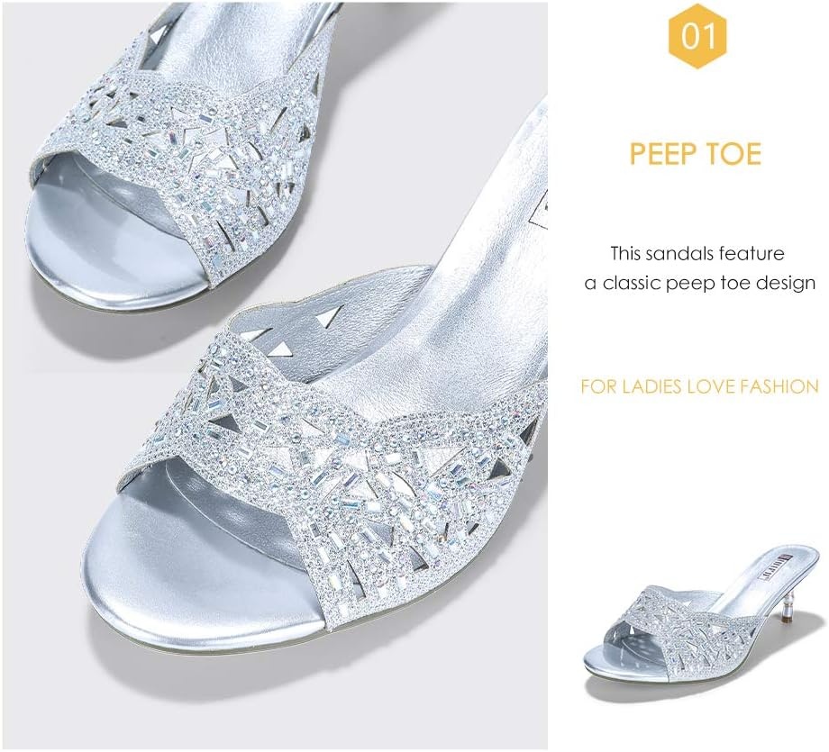 image:imageIDIFU Womens Silver Gold Wedding Shoes For Bride Bridesmaid Low Kitten Peep Toe Heels Dress Sandals Glitter Formal Slide Mules With HeelSilver