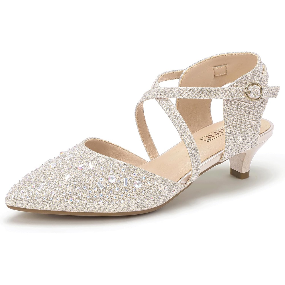 image:imageIDIFU IN2 Womens Pumps Closed Toe Low Heel Dress Shoes for Women Pointed Toe Kitten Heels Comfortable Casual Sparkly Rhinestone Wedding Bridal Formal Work Office Prom Party Strappy Ankle Strap HeelsGold