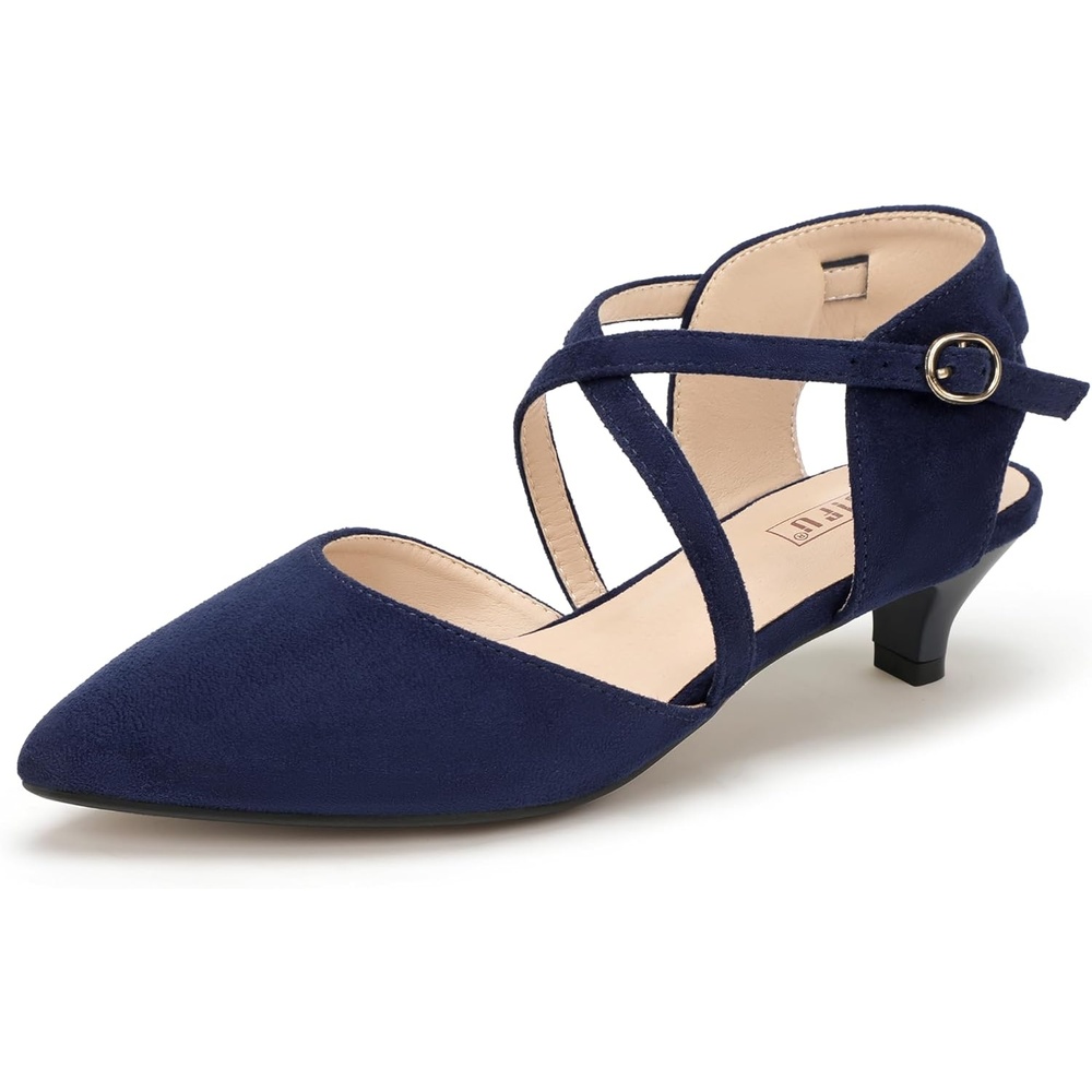 image:imageIDIFU IN2 Womens Pumps Closed Toe Low Heel Dress Shoes for Women Pointed Toe Kitten Heels Comfortable Casual Sparkly Rhinestone Wedding Bridal Formal Work Office Prom Party Strappy Ankle Strap HeelsBlue Suede Classic