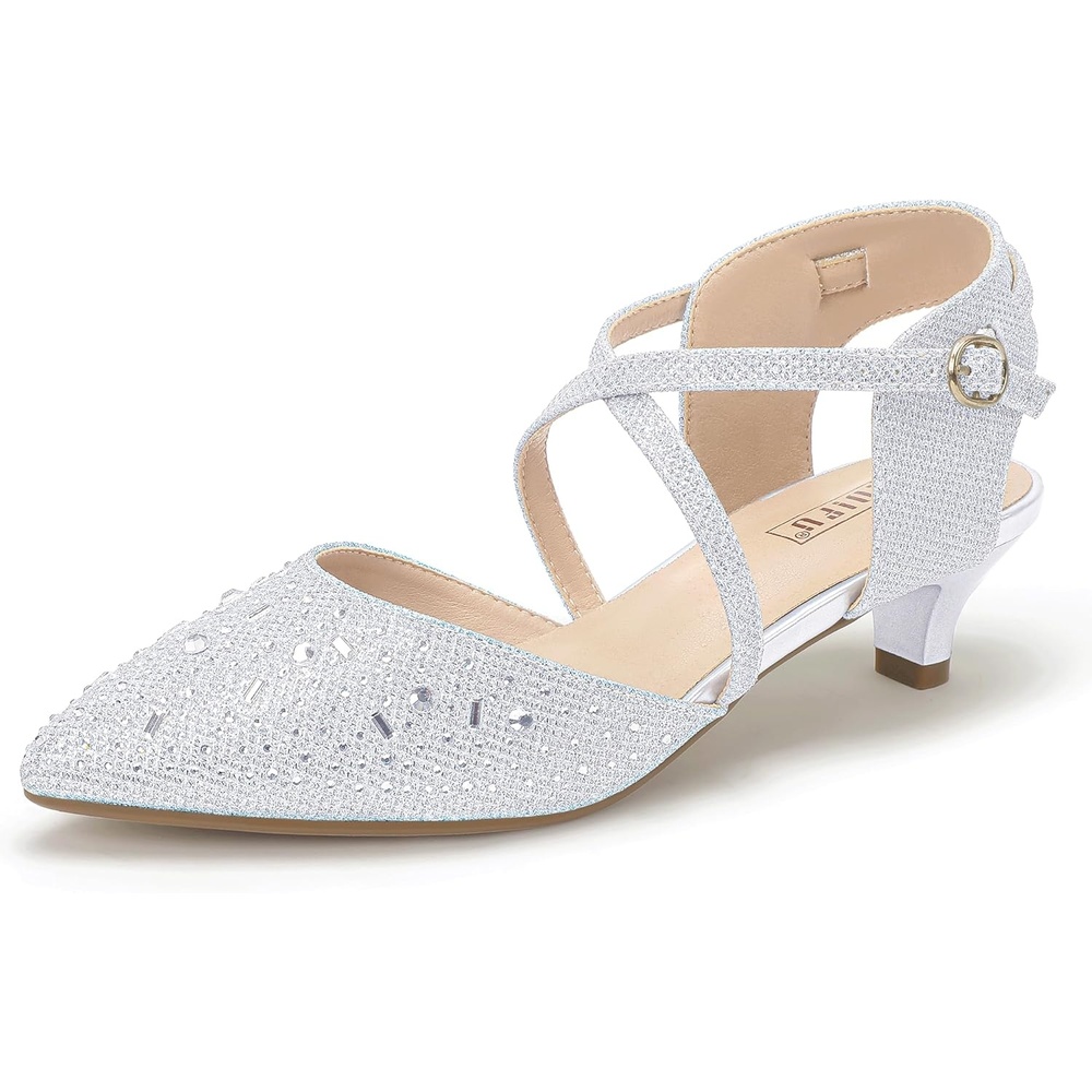 image:imageIDIFU IN2 Womens Pumps Closed Toe Low Heel Dress Shoes for Women Pointed Toe Kitten Heels Comfortable Casual Sparkly Rhinestone Wedding Bridal Formal Work Office Prom Party Strappy Ankle Strap HeelsSilver