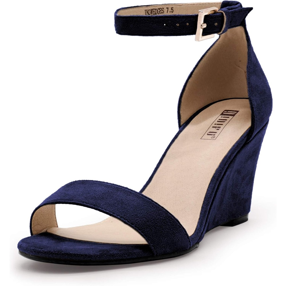 image:imageIDIFU Womens Classic Wedge Heels Sandals 3 Inch Ankle Strap Open Toe Evening Dress Wedding ShoesBlue Suede