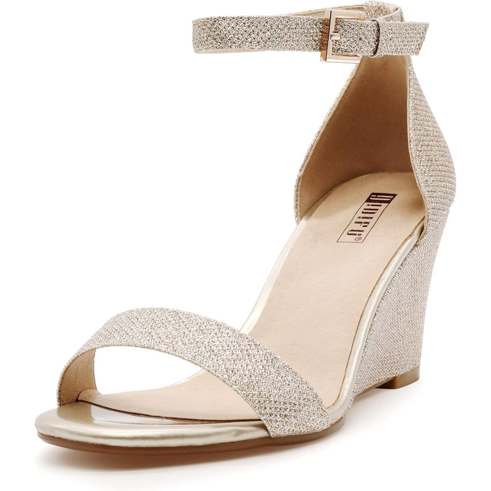 image:imageIDIFU Womens Classic Wedge Heels Sandals 3 Inch Ankle Strap Open Toe Evening Dress Wedding ShoesGold Glitter