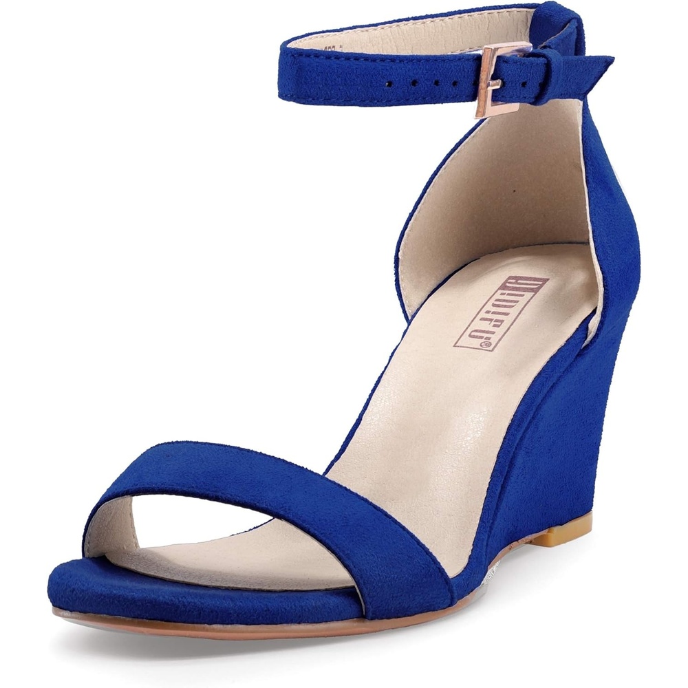 image:imageIDIFU Womens Classic Wedge Heels Sandals 3 Inch Ankle Strap Open Toe Evening Dress Wedding ShoesRoyal Blue Suede