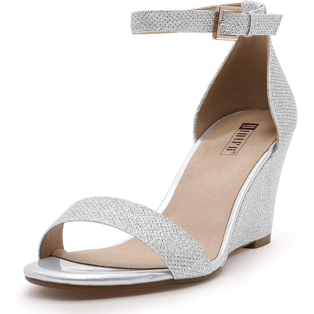 image:imageIDIFU Womens Classic Wedge Heels Sandals 3 Inch Ankle Strap Open Toe Evening Dress Wedding ShoesSilver Glitter