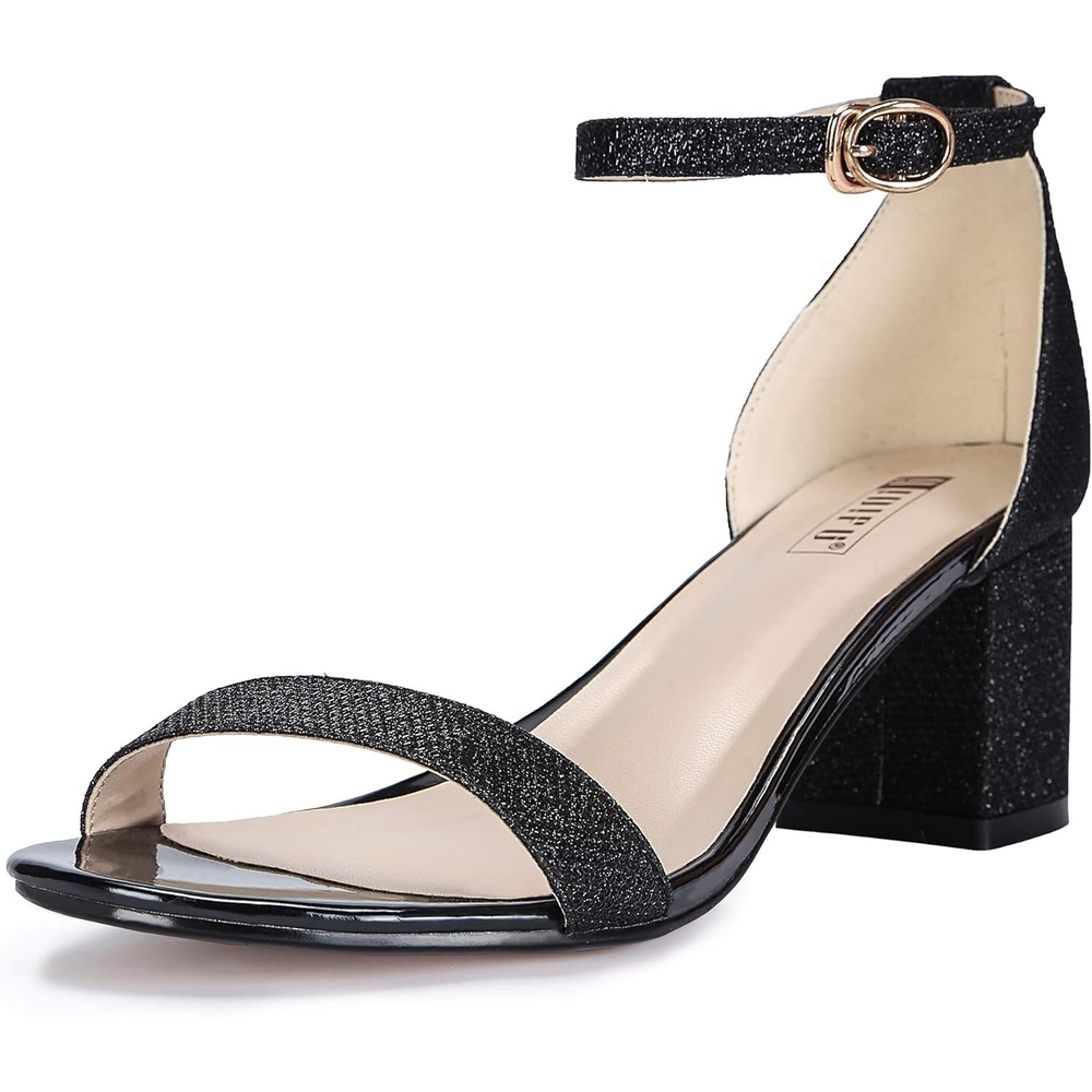 image:imageIDIFU Womens CookieLO Low Block Heels Chunky Sandals Ankle Strap Wedding Dress Pump ShoesCookielo Black Glitter