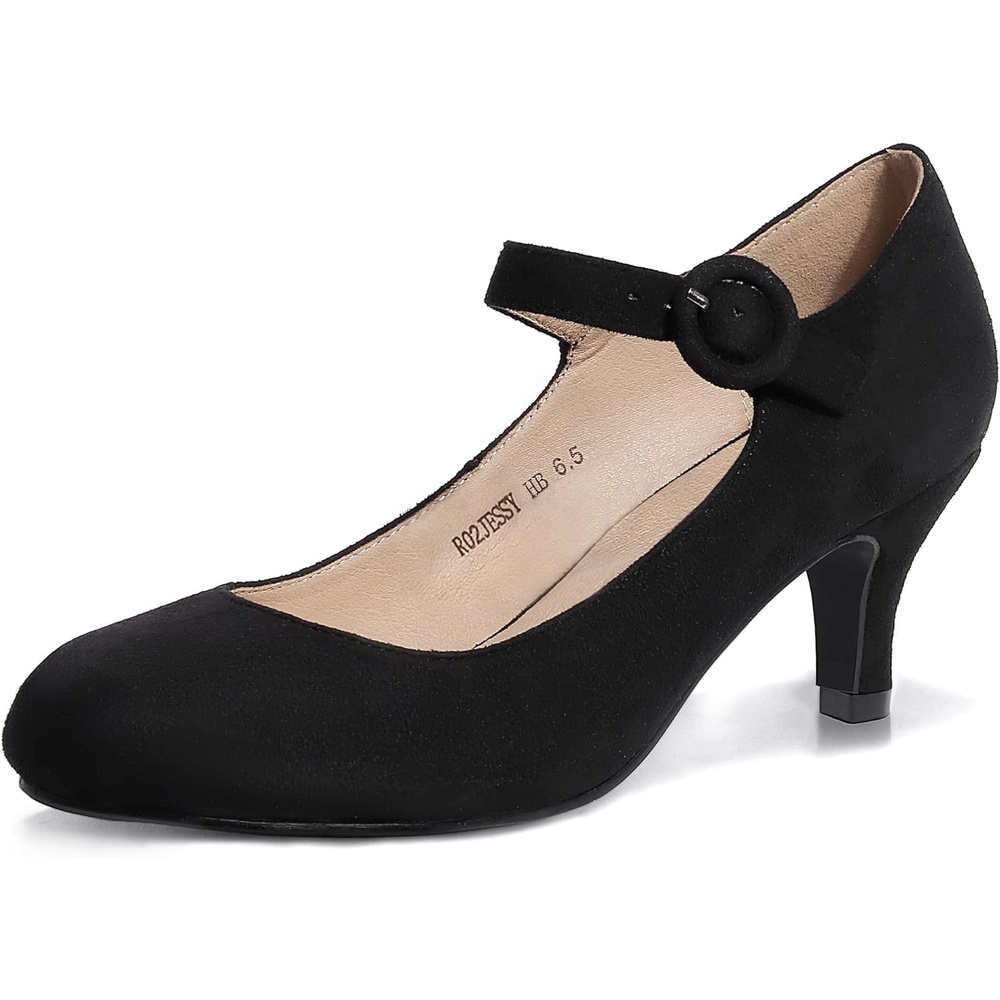 image:imageIDIFU Womens Jessy Dress Mary Jane Shoes Low Kitten Heels Closed Round Toe Office Work Wedding PumpsBlack Suede