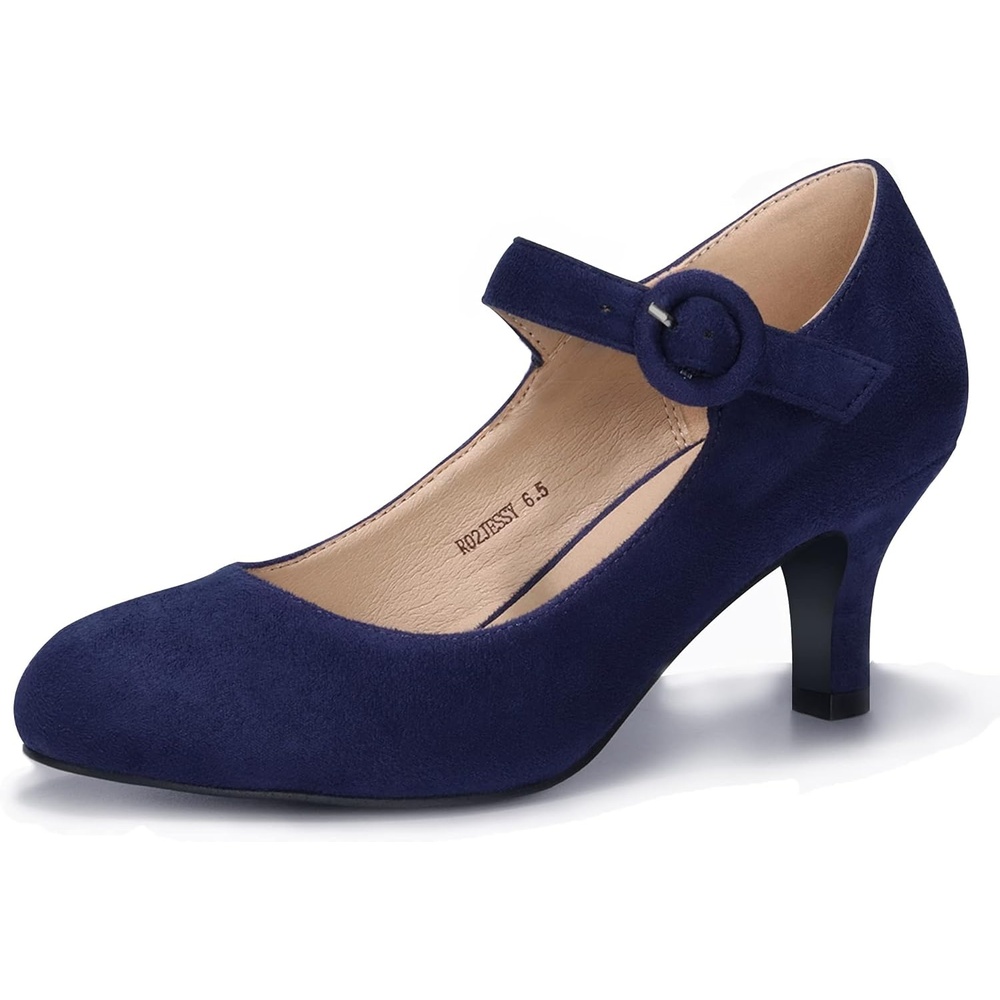 image:imageIDIFU Womens Jessy Dress Mary Jane Shoes Low Kitten Heels Closed Round Toe Office Work Wedding PumpsBlue Suede