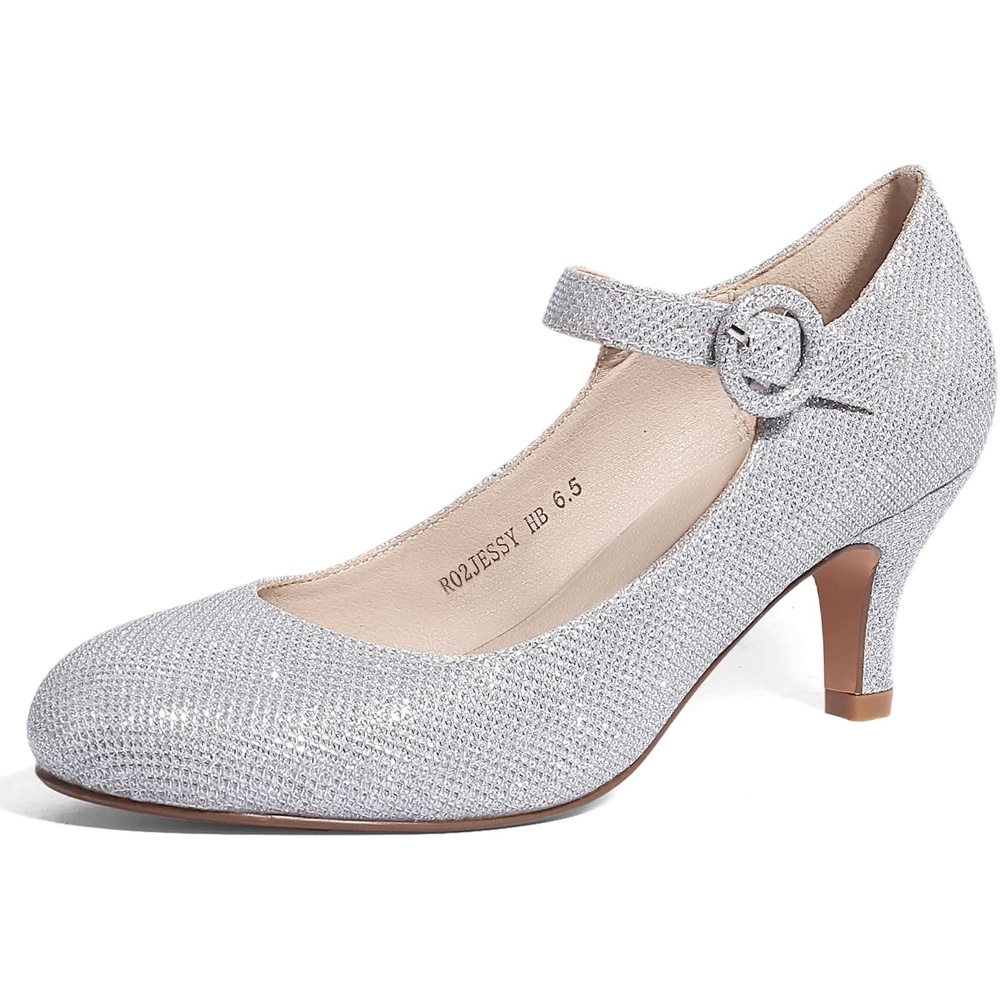 image:imageIDIFU Womens Jessy Dress Mary Jane Shoes Low Kitten Heels Closed Round Toe Office Work Wedding PumpsSilver Glitter
