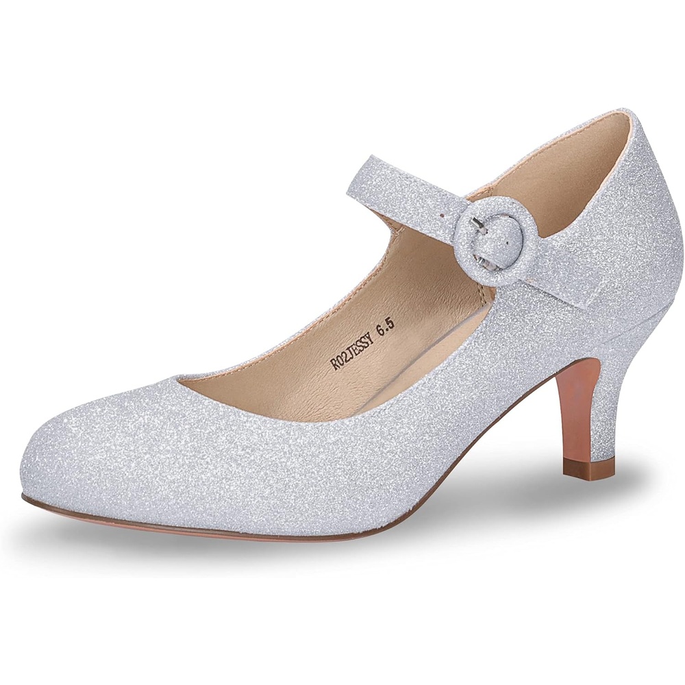 image:imageIDIFU Womens Jessy Dress Mary Jane Shoes Low Kitten Heels Closed Round Toe Office Work Wedding PumpsSilver Shiny