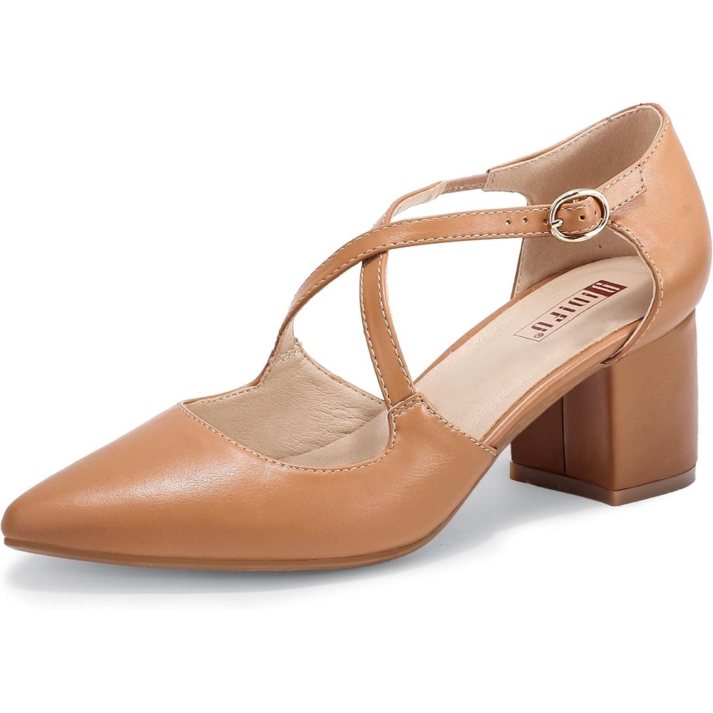 image:imageIDIFU Womens Lynn Dress Low Heeled Pumps Closed Pointed Toe Block Chunky Heel Cross Strap Wedding Bridal Party Office ShoesNude Pu
