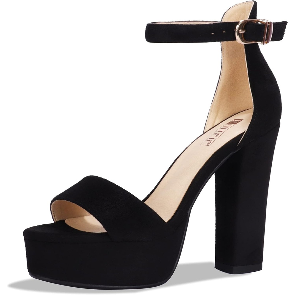 image:imageIDIFU Womens Platform Chunky High Heel Sexy Sandals Ankle Strap Open Toe Heeled Shoes for Wedding Party EveningBlack Suede