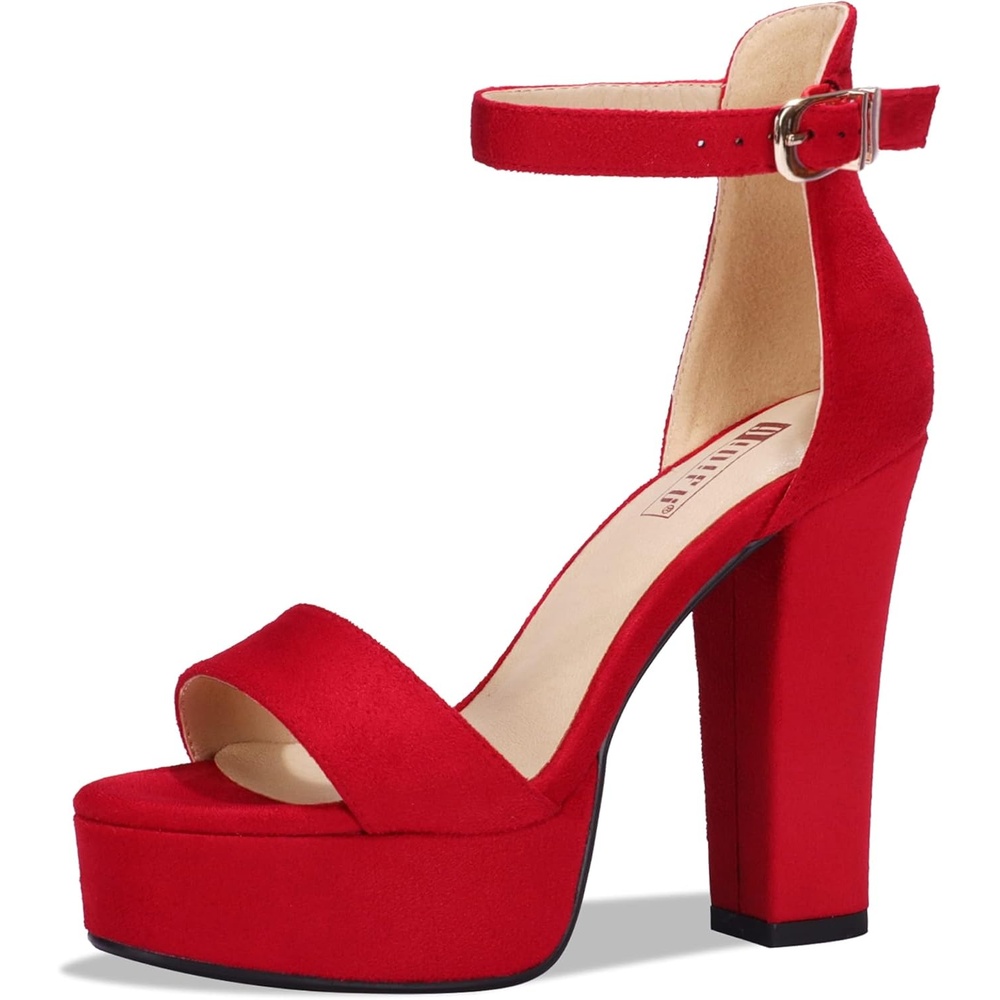 image:imageIDIFU Womens Platform Chunky High Heel Sexy Sandals Ankle Strap Open Toe Heeled Shoes for Wedding Party EveningRed Suede