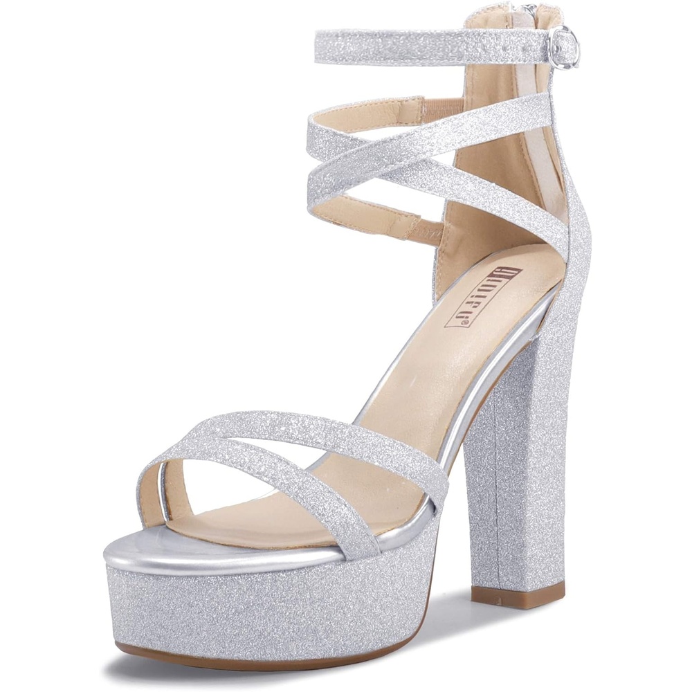 image:imageIDIFU Womens Platform Chunky High Heels Dress Sandals Open Toe Ankle Strap Strappy Wedding Bridal Party Dance Shoes For Women BrideM Silver Shiny