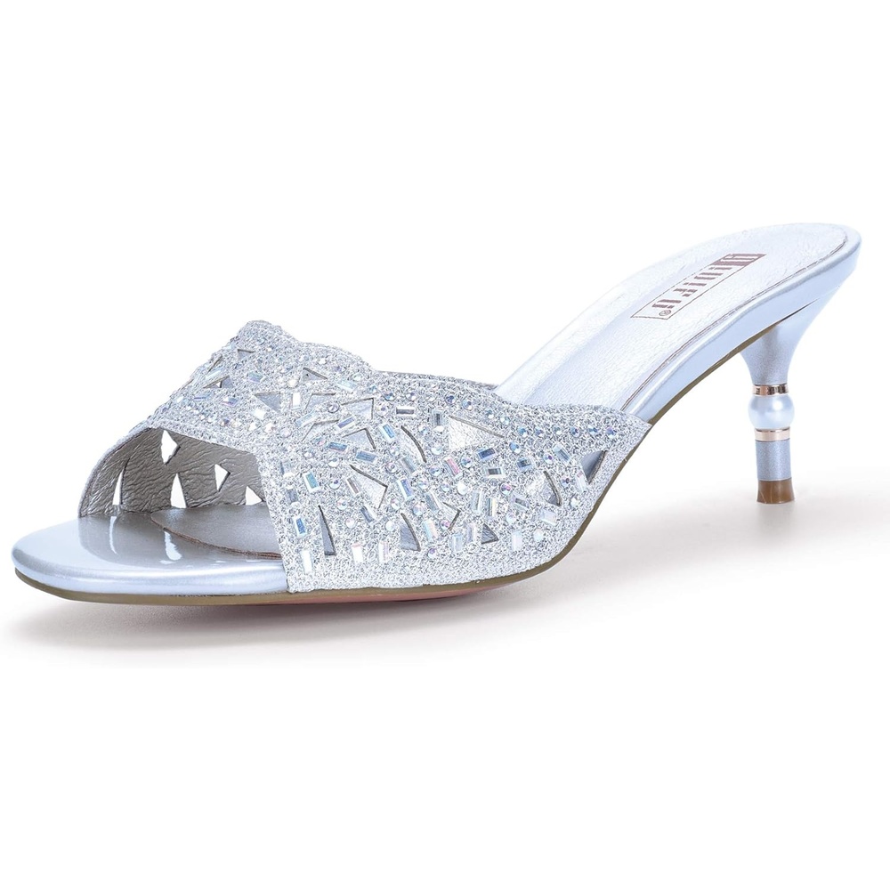 image:imageIDIFU Womens Silver Gold Wedding Shoes For Bride Bridesmaid Low Kitten Peep Toe Heels Dress Sandals Glitter Formal Slide Mules With HeelSilver