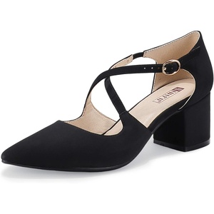 image:imageIDIFU Womens Lynn Dress Low Heeled Pumps Closed Pointed Toe Block Chunky Heel Cross Strap Wedding Bridal Party Office ShoesBlack Nubuck