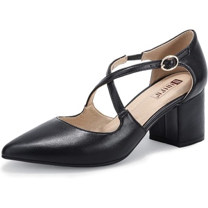 image:imageIDIFU Womens Lynn Dress Low Heeled Pumps Closed Pointed Toe Block Chunky Heel Cross Strap Wedding Bridal Party Office ShoesBlack Pu