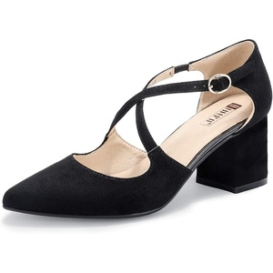 image:imageIDIFU Womens Lynn Dress Low Heeled Pumps Closed Pointed Toe Block Chunky Heel Cross Strap Wedding Bridal Party Office ShoesBlack Suede