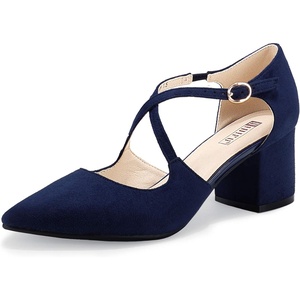 image:imageIDIFU Womens Lynn Dress Low Heeled Pumps Closed Pointed Toe Block Chunky Heel Cross Strap Wedding Bridal Party Office ShoesBlue Suede