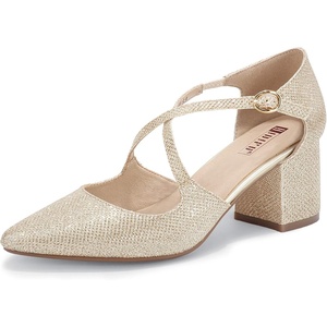image:imageIDIFU Womens Lynn Dress Low Heeled Pumps Closed Pointed Toe Block Chunky Heel Cross Strap Wedding Bridal Party Office ShoesGold Glitter