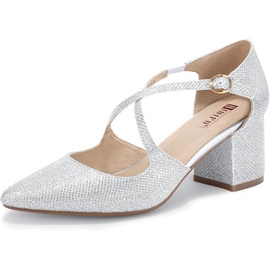 image:imageIDIFU Womens Lynn Dress Low Heeled Pumps Closed Pointed Toe Block Chunky Heel Cross Strap Wedding Bridal Party Office ShoesSilver Glitter