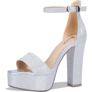 image:imageIDIFU Womens Platform Chunky High Heel Sexy Sandals Ankle Strap Open Toe Heeled Shoes for Wedding Party EveningSilver Glitter