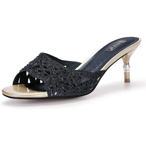 image:imageIDIFU Womens Silver Gold Wedding Shoes For Bride Bridesmaid Low Kitten Peep Toe Heels Dress Sandals Glitter Formal Slide Mules With HeelBlack