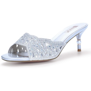 image:imageIDIFU Womens Silver Gold Wedding Shoes For Bride Bridesmaid Low Kitten Peep Toe Heels Dress Sandals Glitter Formal Slide Mules With HeelSilver