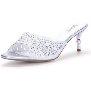 image:imageIDIFU Womens Silver Gold Wedding Shoes For Bride Bridesmaid Low Kitten Peep Toe Heels Dress Sandals Glitter Formal Slide Mules With HeelWhite