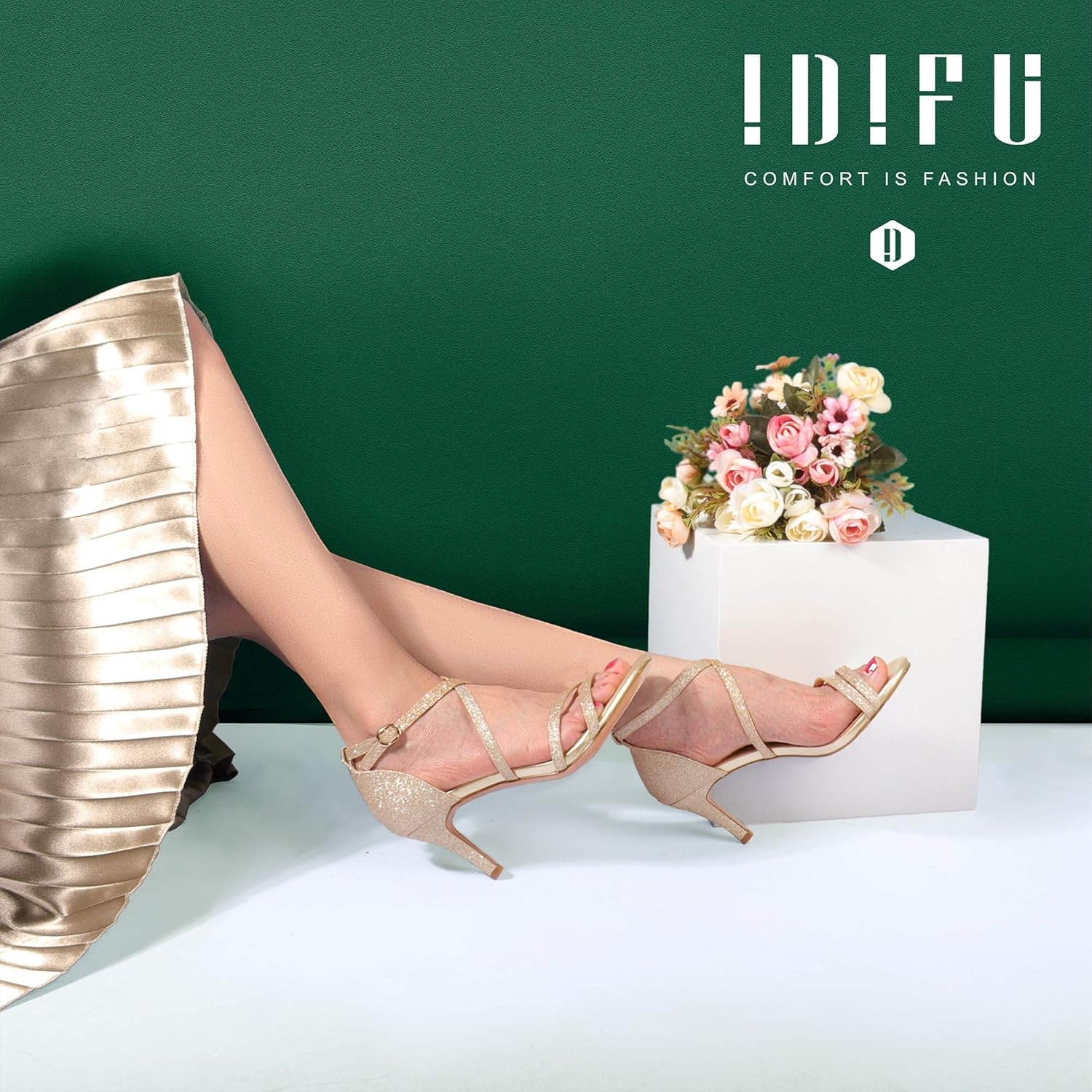 image:imageIDIFU Womens 3 Inch Dressy Heels Ankle Strap Strappy Heels for Women Wedding Shoes
