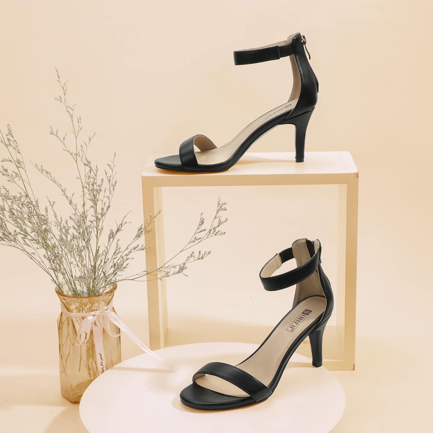 image:imageIDIFU Womens 3 Inch Kitten Heels Dressy Open Toe Heels Ankle Strap Heeled Sandals for Bride Wedding Bridal Shoes On Evening PromBlack Pu
