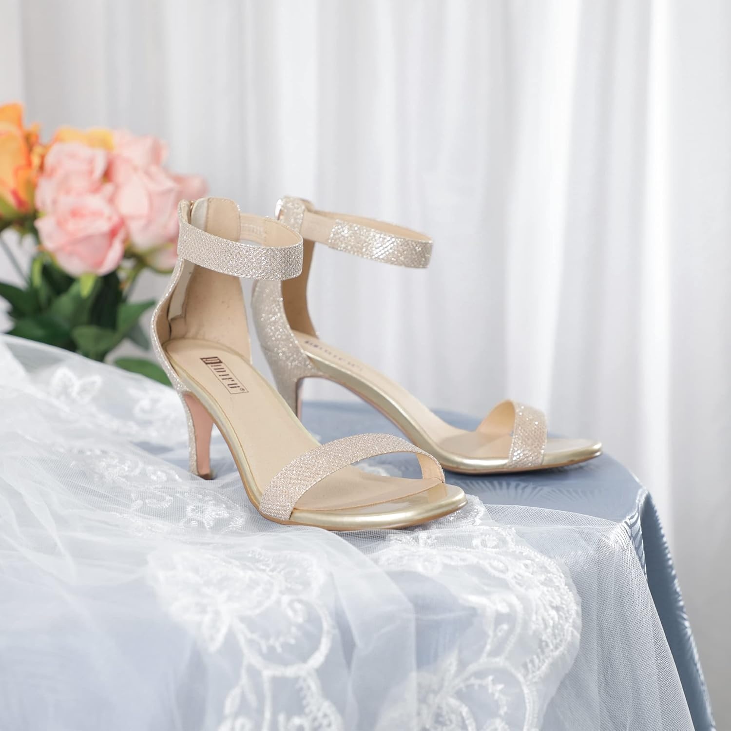 image:imageIDIFU Womens 3 Inch Kitten Heels Dressy Open Toe Heels Ankle Strap Heeled Sandals for Bride Wedding Bridal Shoes On Evening PromGold Glitter