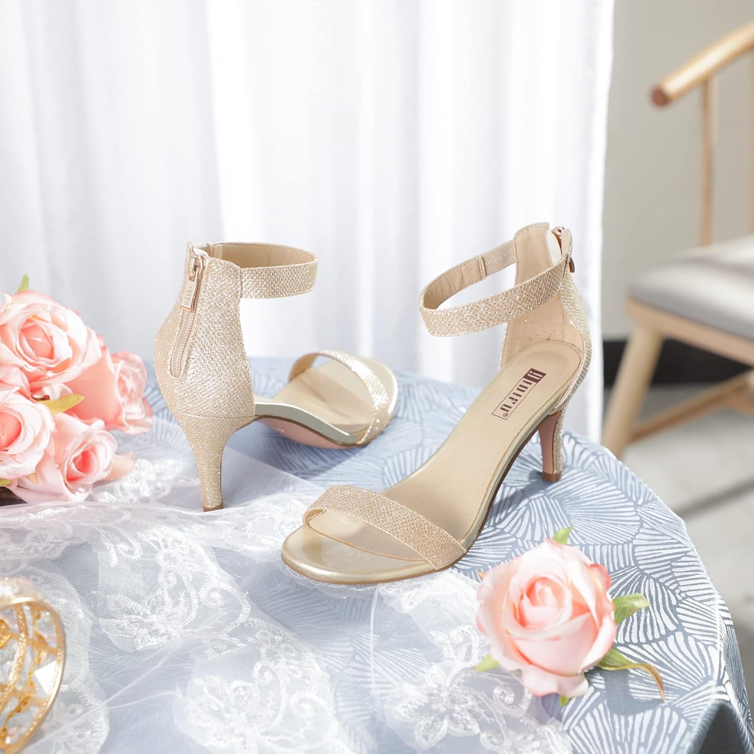 image:imageIDIFU Womens 3 Inch Kitten Heels Dressy Open Toe Heels Ankle Strap Heeled Sandals for Bride Wedding Bridal Shoes On Evening PromGold Glitter