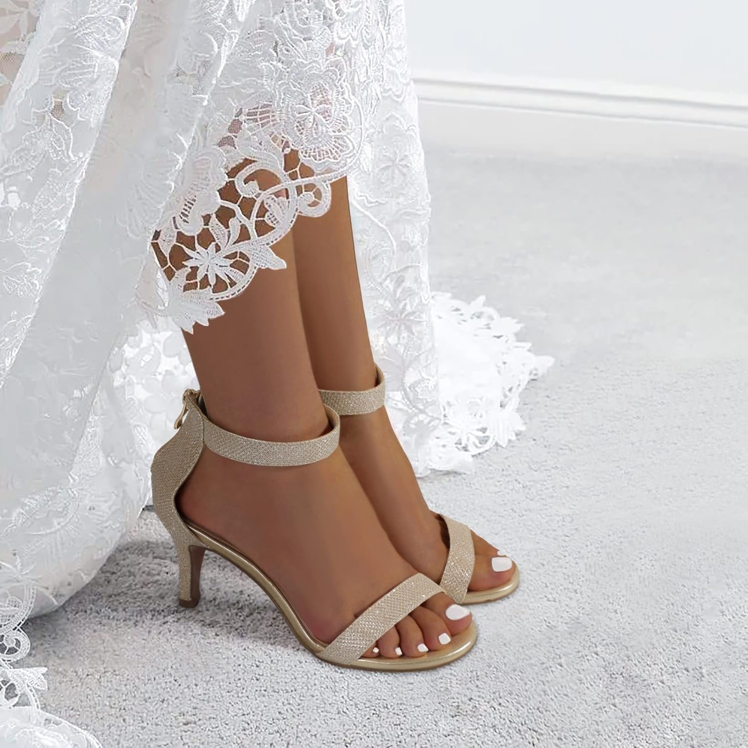 image:imageIDIFU Womens 3 Inch Kitten Heels Dressy Open Toe Heels Ankle Strap Heeled Sandals for Bride Wedding Bridal Shoes On Evening PromGold Glitter