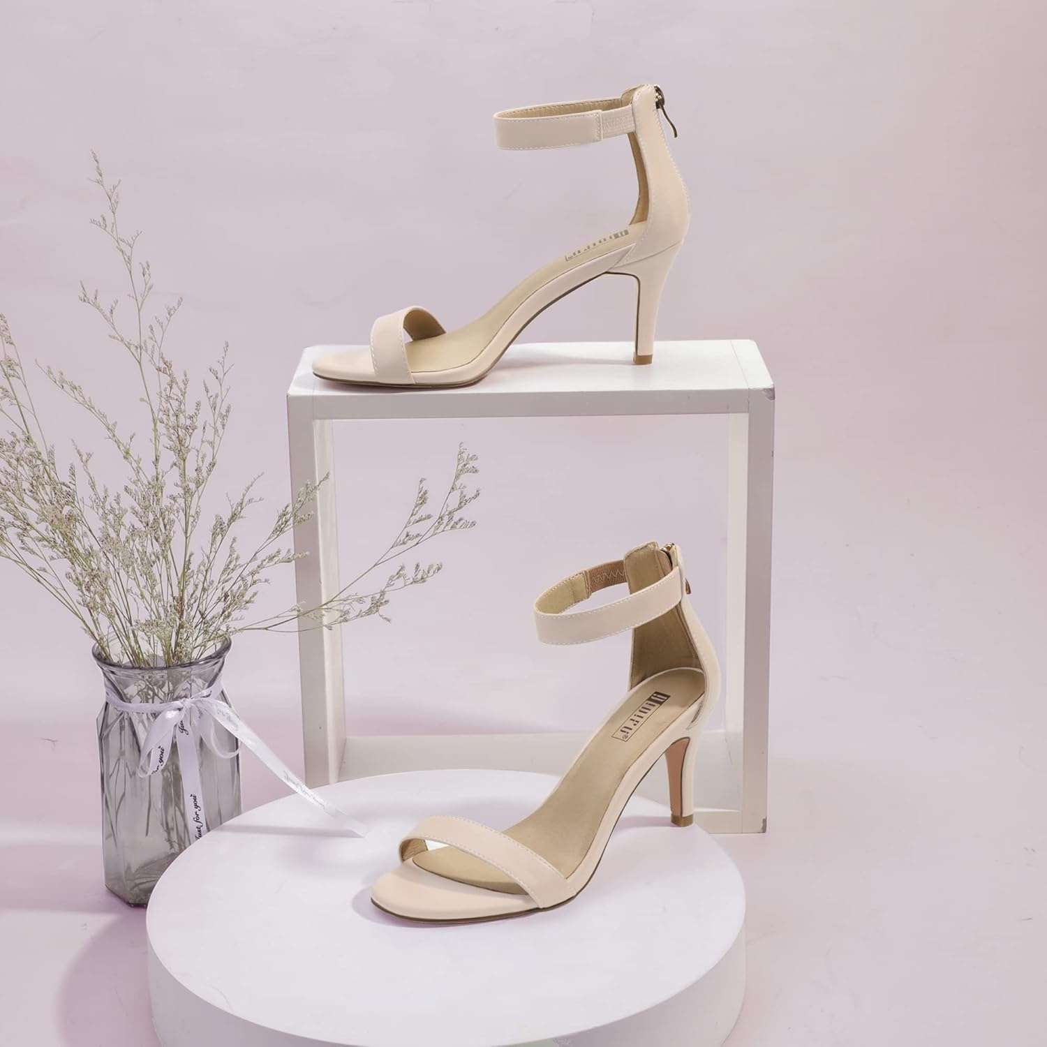 image:imageIDIFU Womens 3 Inch Kitten Heels Dressy Open Toe Heels Ankle Strap Heeled Sandals for Bride Wedding Bridal Shoes On Evening PromNude Nubuck
