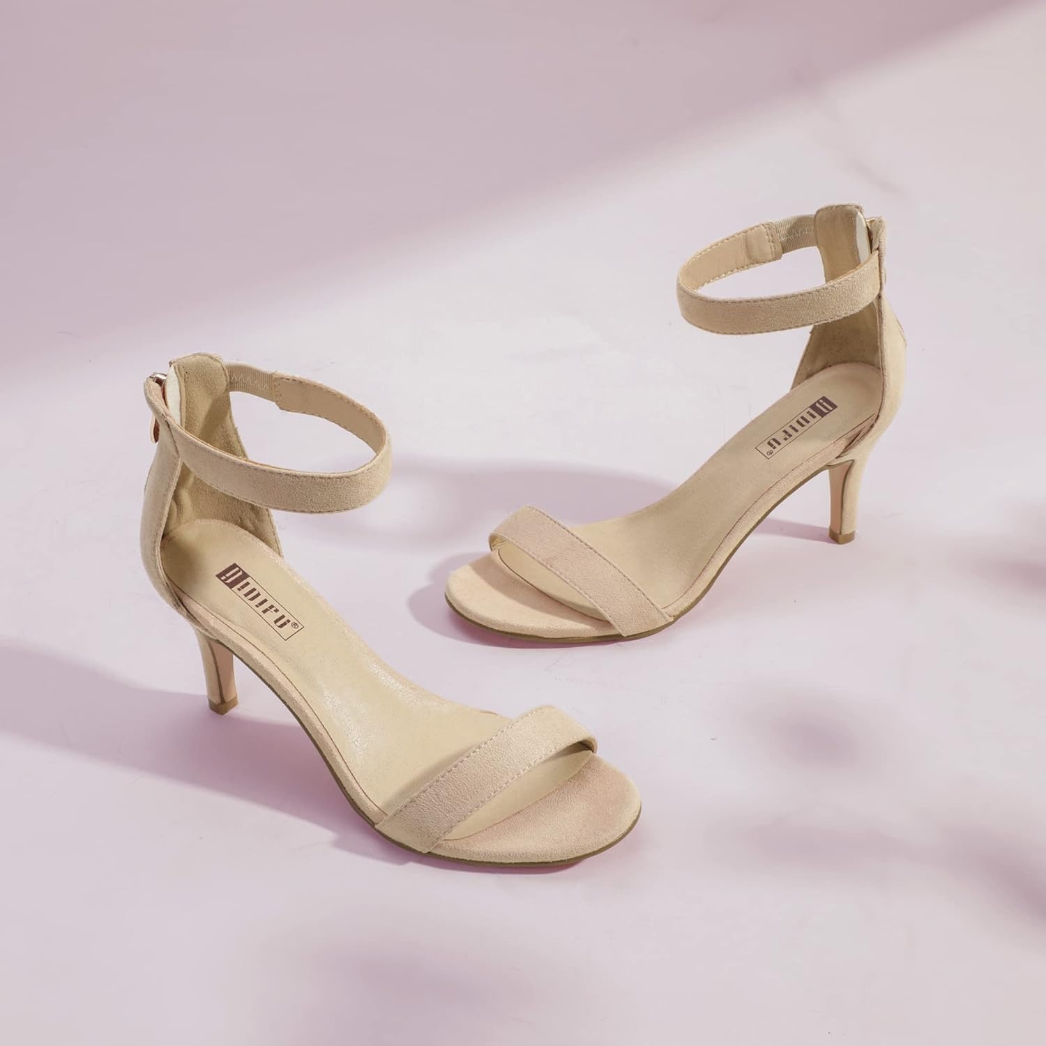 image:imageIDIFU Womens 3 Inch Kitten Heels Dressy Open Toe Heels Ankle Strap Heeled Sandals for Bride Wedding Bridal Shoes On Evening PromNude Suede