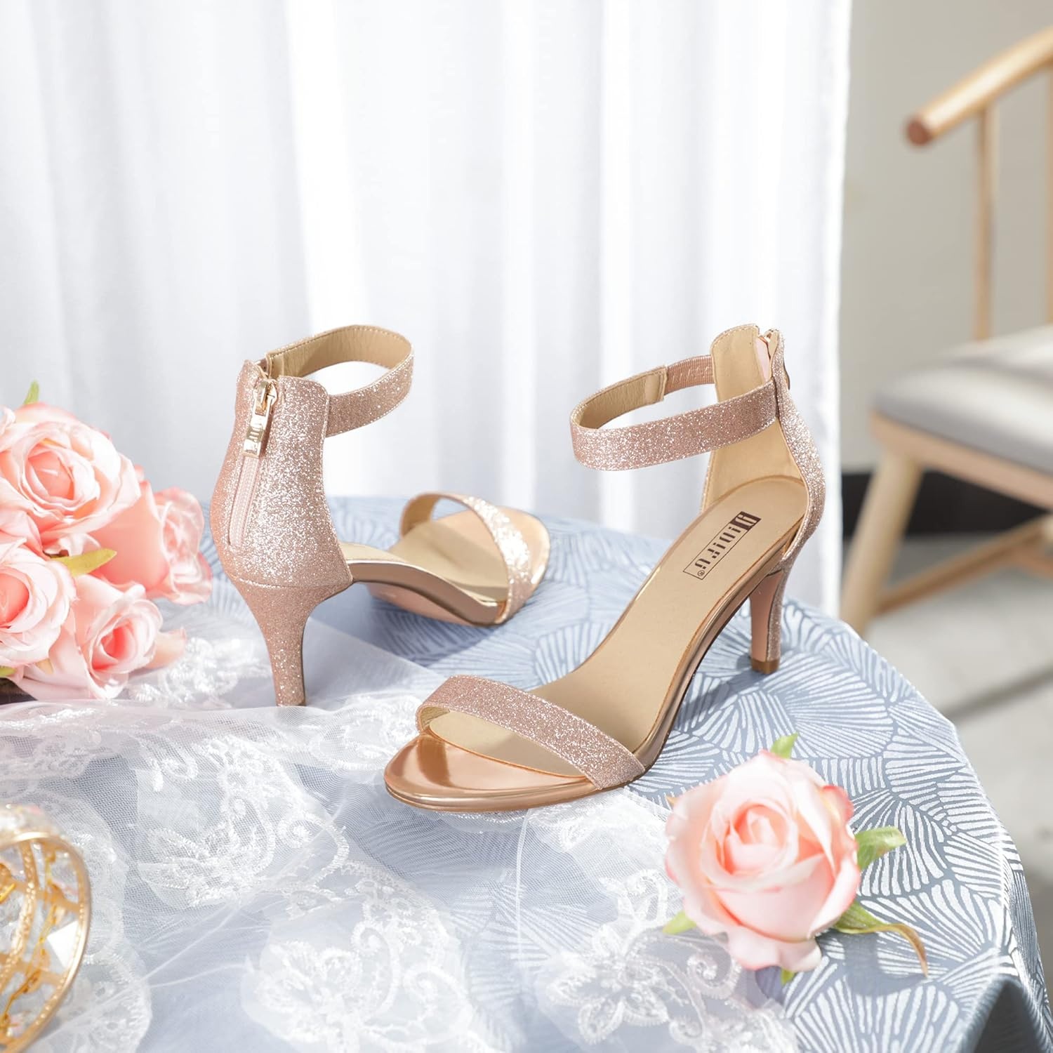 image:imageIDIFU Womens 3 Inch Kitten Heels Dressy Open Toe Heels Ankle Strap Heeled Sandals for Bride Wedding Bridal Shoes On Evening PromRose Gold Shiny