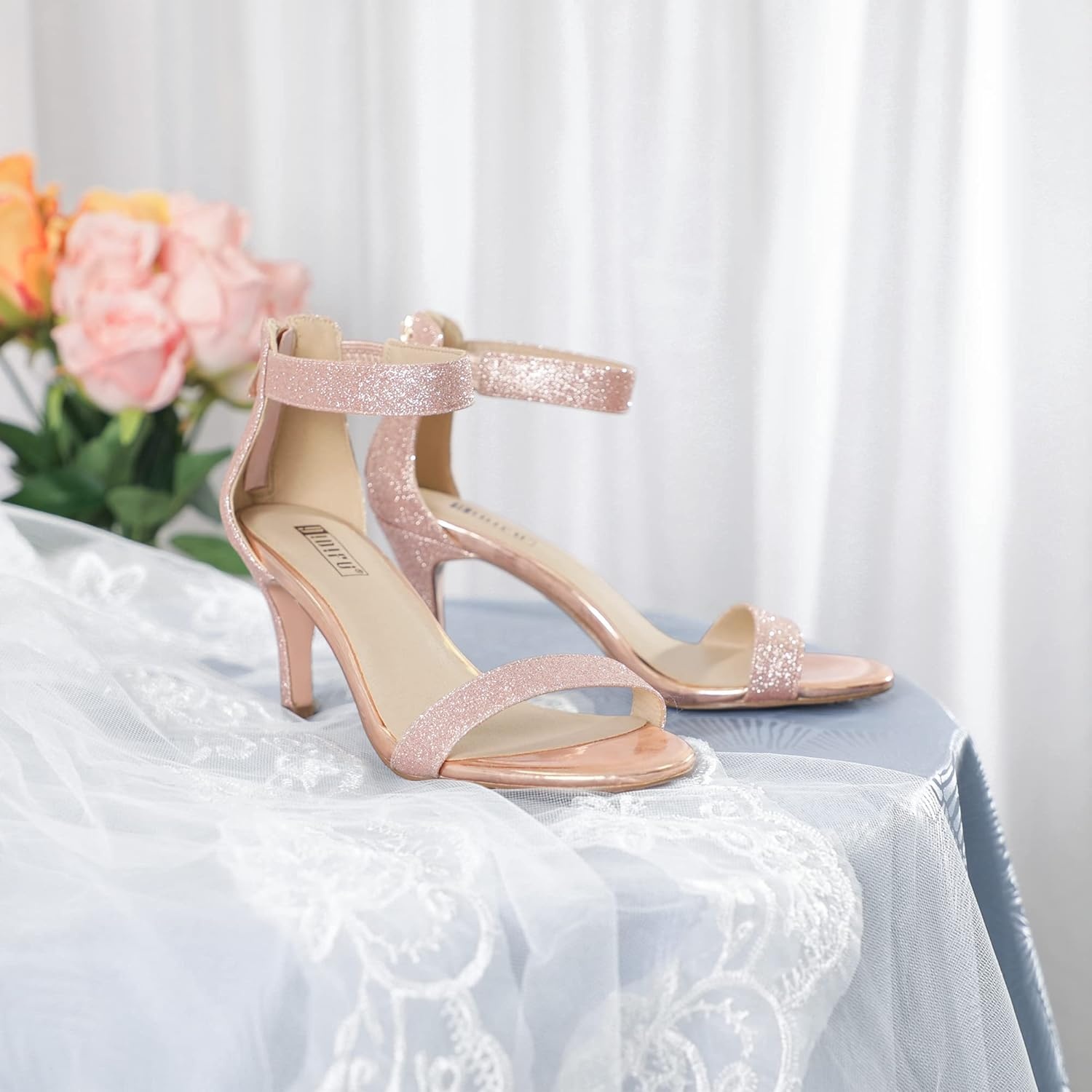 image:imageIDIFU Womens 3 Inch Kitten Heels Dressy Open Toe Heels Ankle Strap Heeled Sandals for Bride Wedding Bridal Shoes On Evening PromRose Gold Shiny