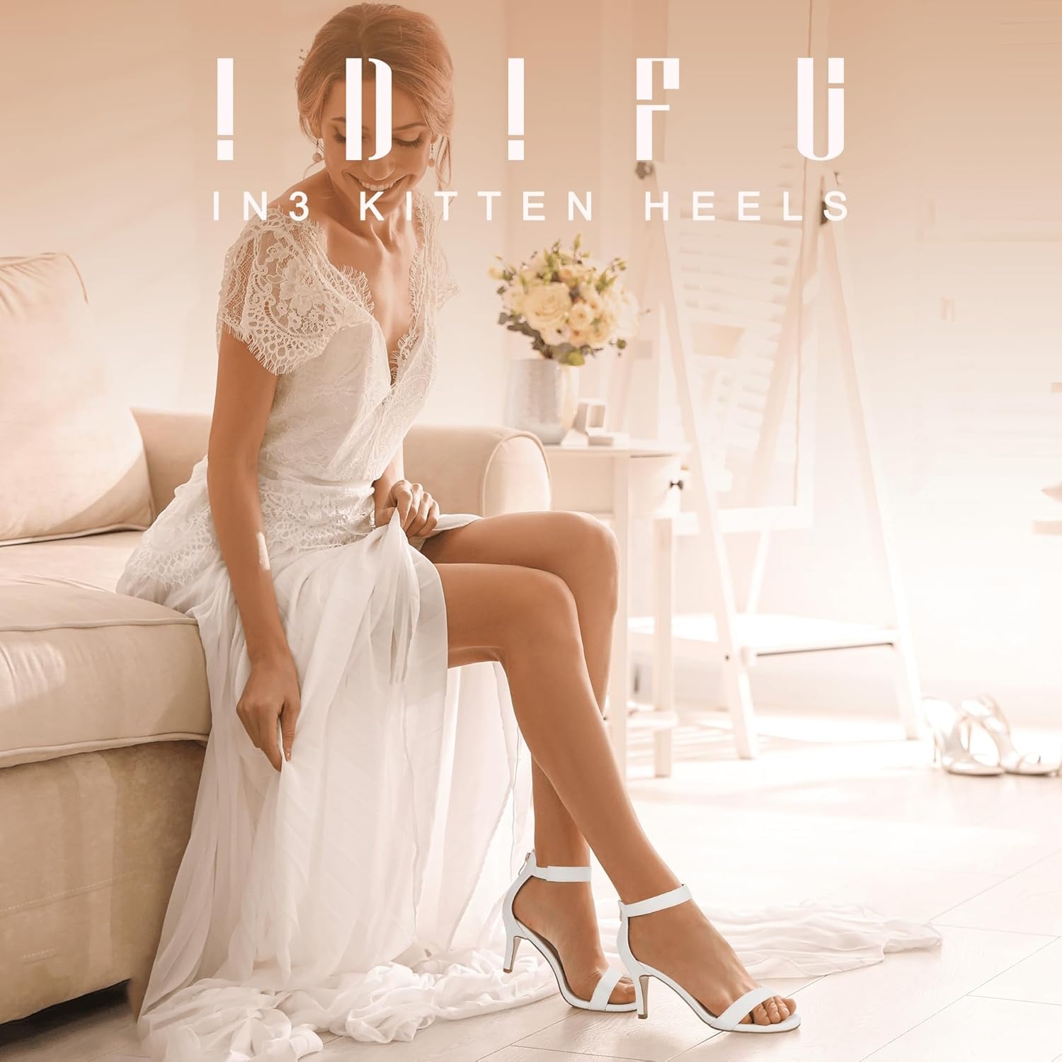 image:imageIDIFU Womens 3 Inch Kitten Heels Dressy Open Toe Heels Ankle Strap Heeled Sandals for Bride Wedding Bridal Shoes On Evening PromWhite Pu