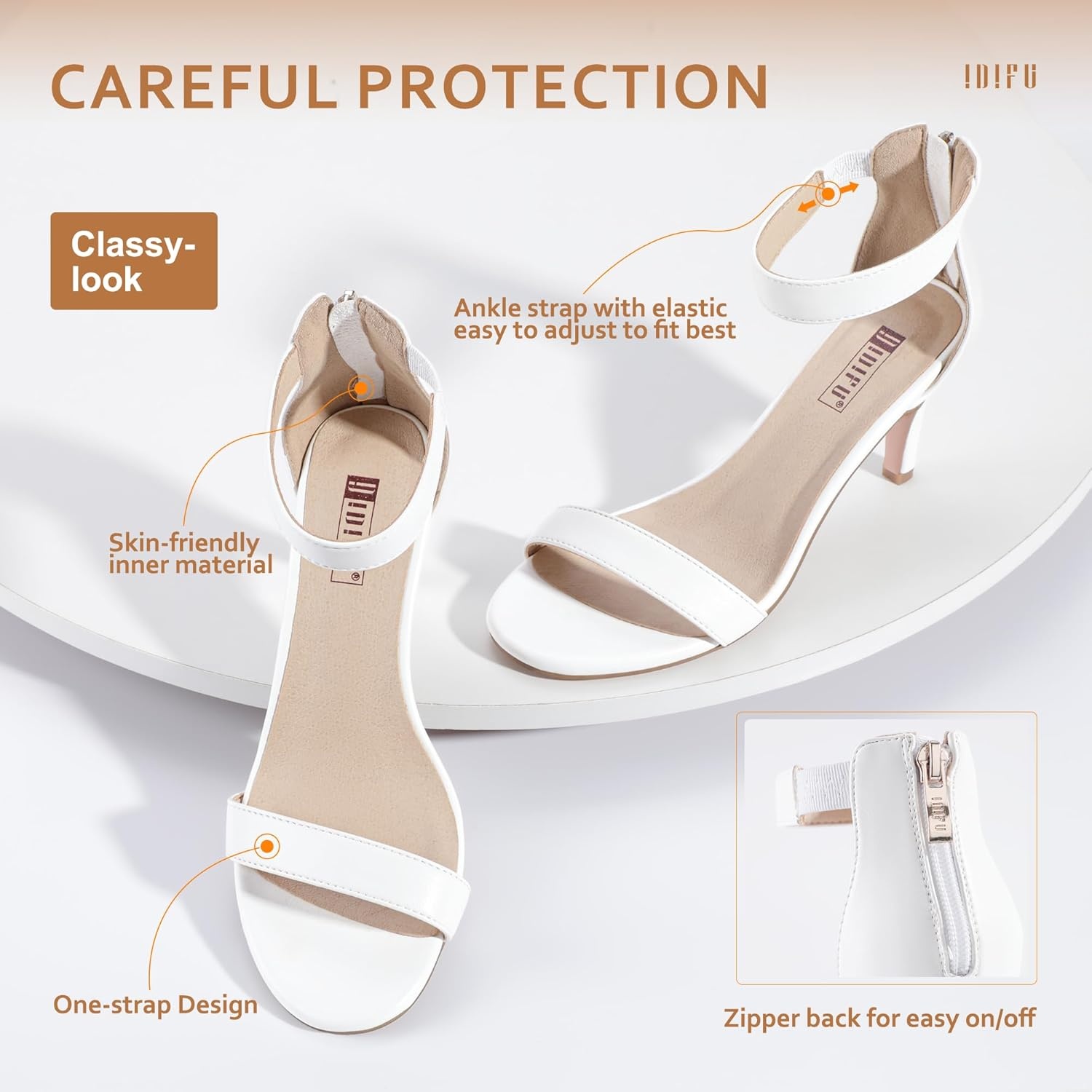 image:imageIDIFU Womens 3 Inch Kitten Heels Dressy Open Toe Heels Ankle Strap Heeled Sandals for Bride Wedding Bridal Shoes On Evening PromWhite Pu