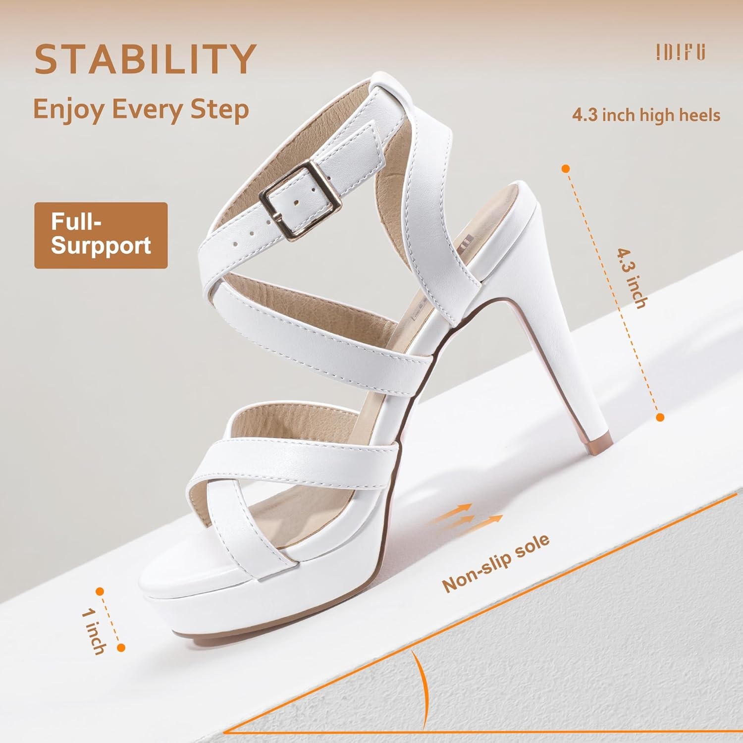 image:imageIDIFU Womens Dress Platform High Heels Strappy Heeled Sandals Open Toe Ankle Strap Shoes for Women Wedding Bridal HomecomingWhite Pu