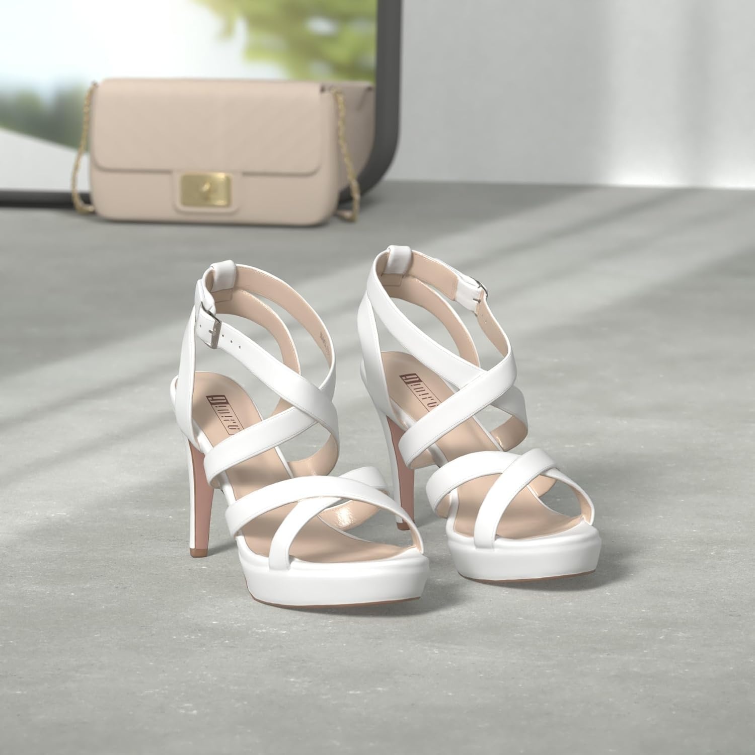 image:imageIDIFU Womens Dress Platform High Heels Strappy Heeled Sandals Open Toe Ankle Strap Shoes for Women Wedding Bridal HomecomingWhite Pu