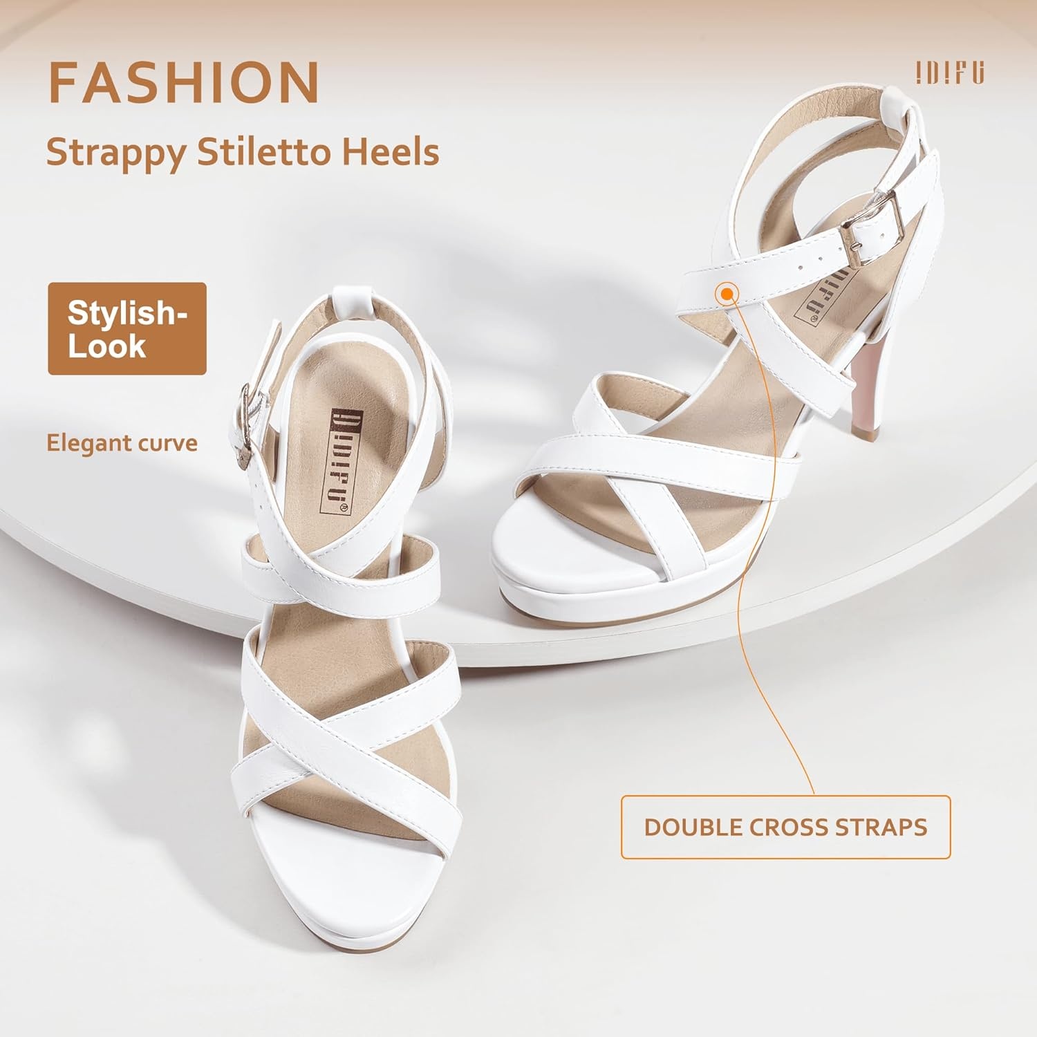 image:imageIDIFU Womens Dress Platform High Heels Strappy Heeled Sandals Open Toe Ankle Strap Shoes for Women Wedding Bridal HomecomingWhite Pu