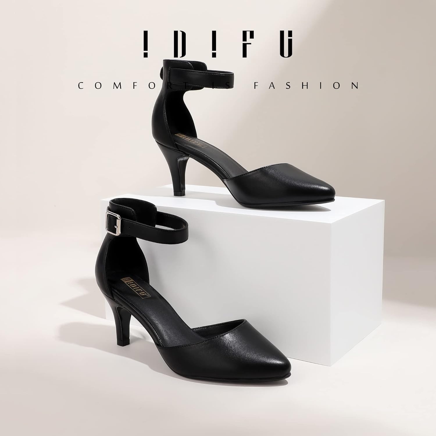 image:imageIDIFU Womens IN3 DOrsay Pumps Low Kitten Heels for Women Dress Shoes Pointed Closed Toe Wedding Bride Ankle Strap Dressy Silver Black Nude White Gold Heels for WomenBlack Pu